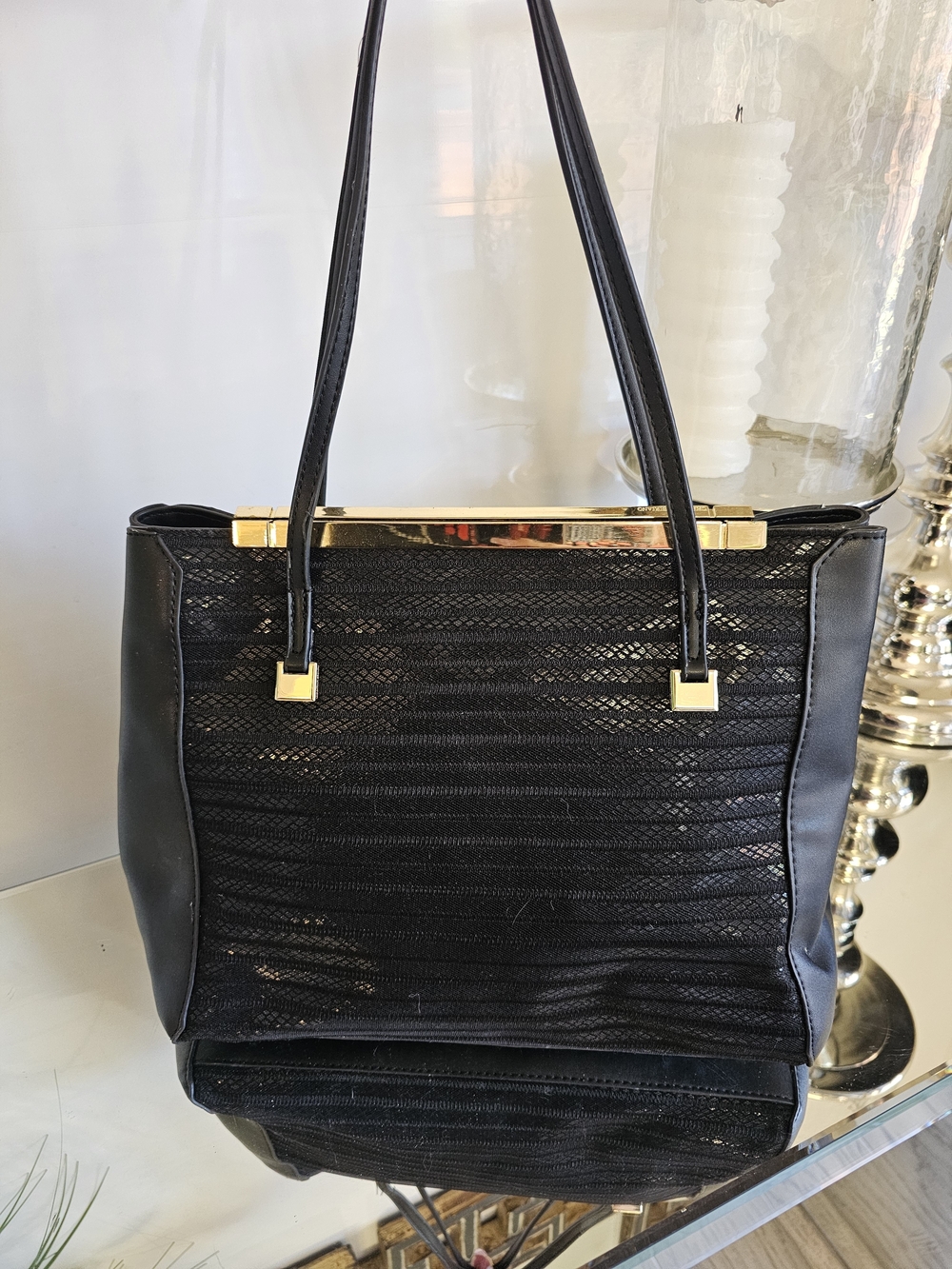 Christian Sirano New York Elegant Black Shoulder Tote with Gold Accents